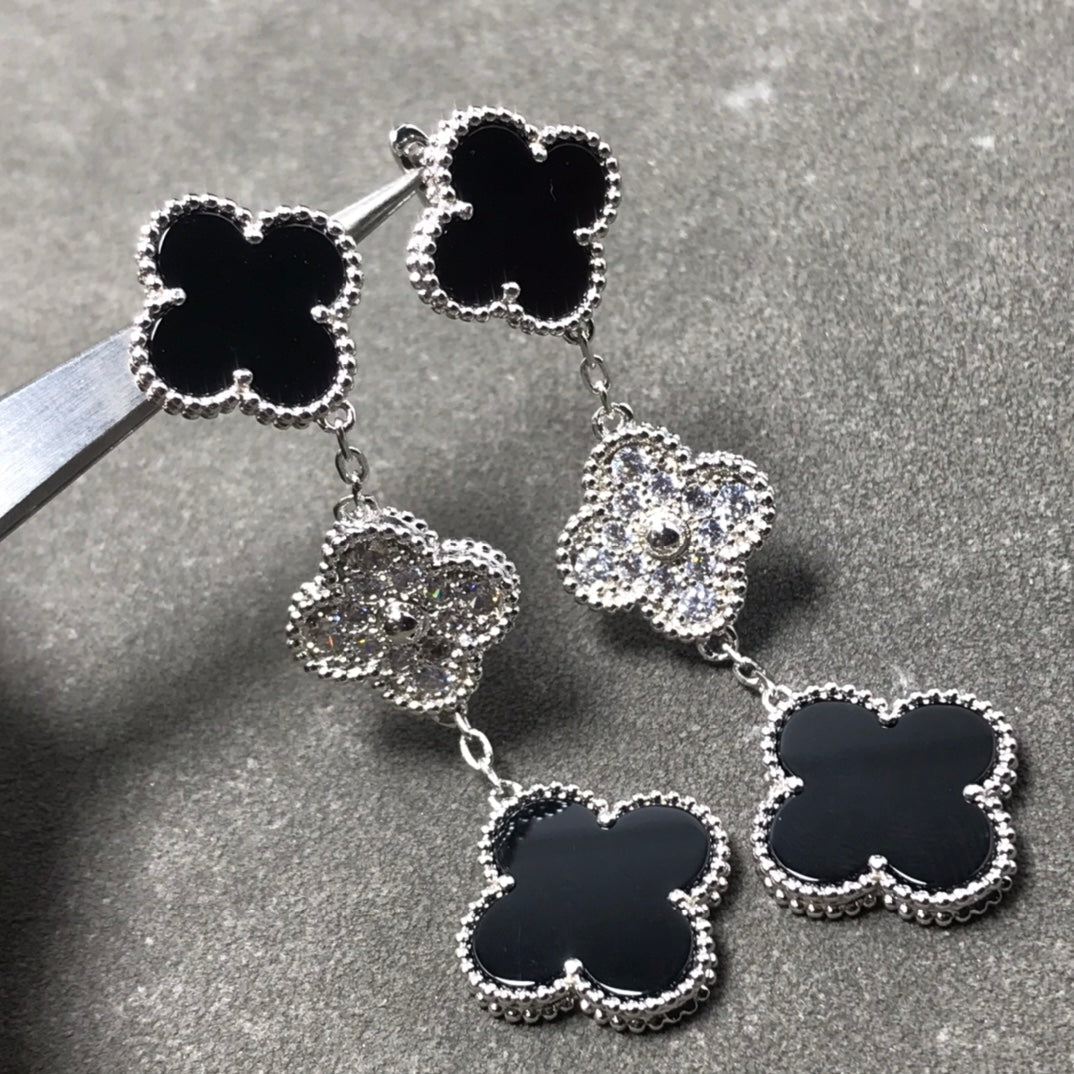 [Riva Jewelry ]CLOVER 3 MOTIF DIAMOND ONYX SILVER EARRINGS