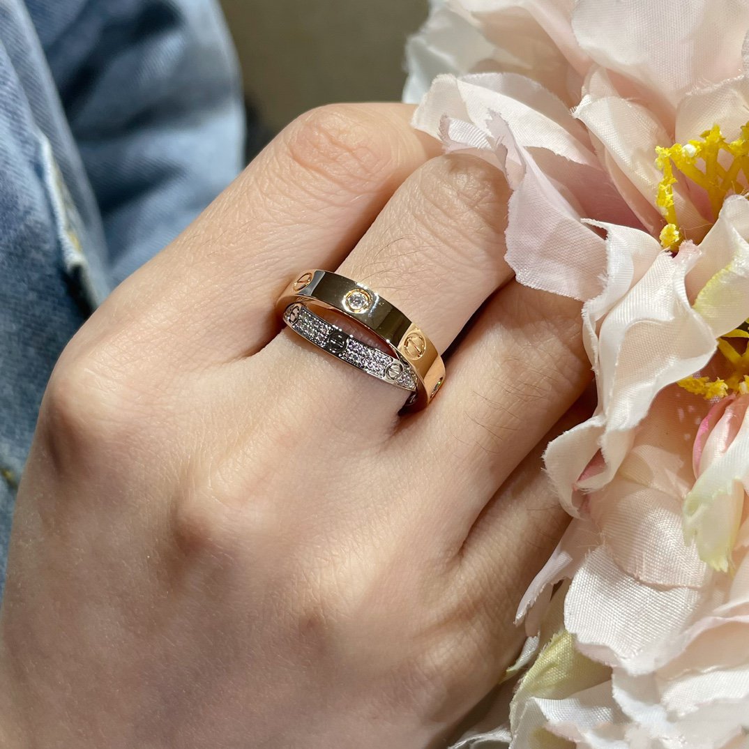 [Riva Jewelry ]LOVE PINK GOLD SILVER DIAMOND DOUBLE RING