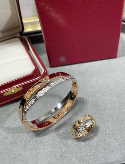 [Riva Jewelry ]LOVE PINK GOLD SILVER DIAMOND DOUBLE RING
