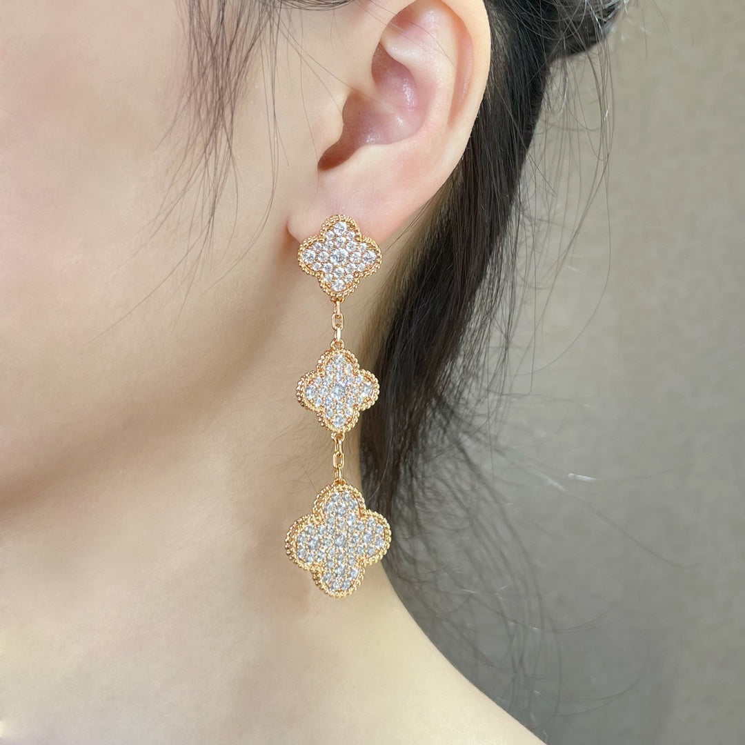 [Riva Jewelry ]CLOVER 3 MOTIFS DIAMOND PAVED ROSE GOLD EARRINGS