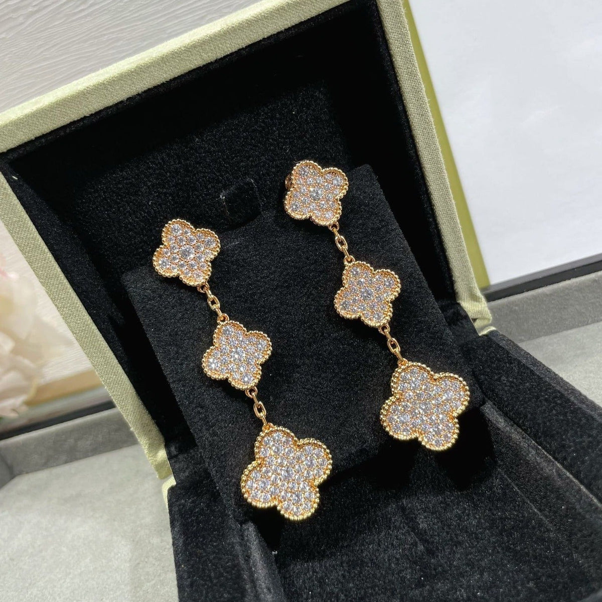 [Riva Jewelry ]CLOVER 3 MOTIFS DIAMOND PAVED ROSE GOLD EARRINGS