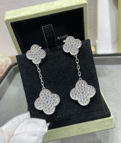 [Riva Jewelry ]CLOVER 2 MOTIFS DIAMOND PAVED SILVER EARRINGS
