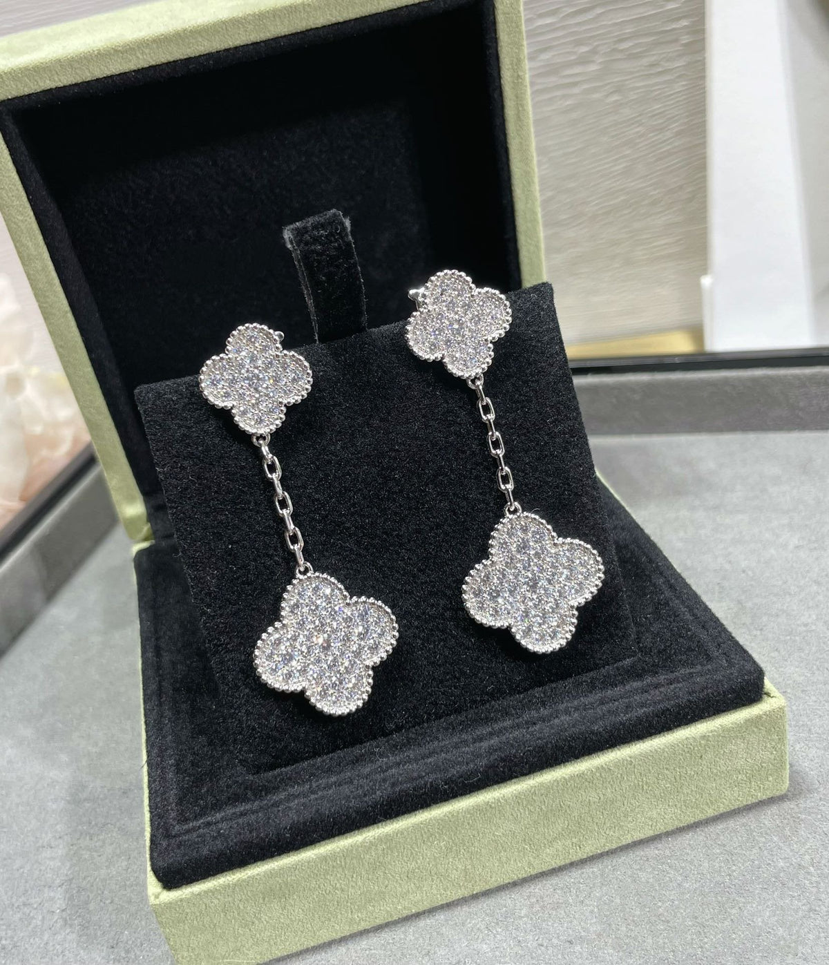 [Riva Jewelry ]CLOVER 2 MOTIFS DIAMOND PAVED SILVER EARRINGS