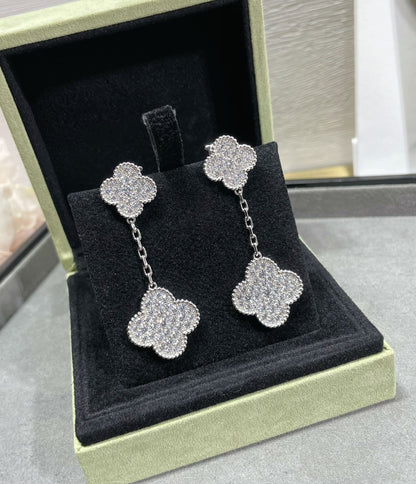 [Riva Jewelry ]CLOVER 2 MOTIFS DIAMOND PAVED SILVER EARRINGS