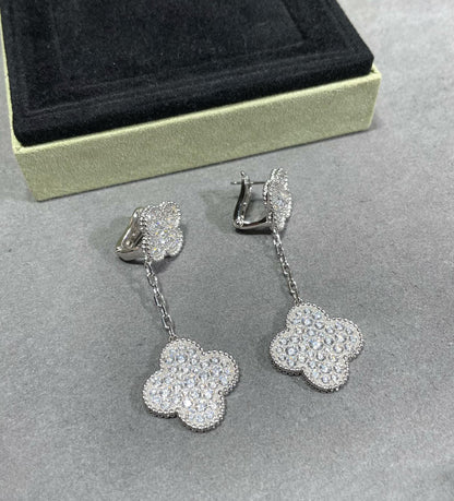 [Riva Jewelry ]CLOVER 2 MOTIFS DIAMOND PAVED SILVER EARRINGS