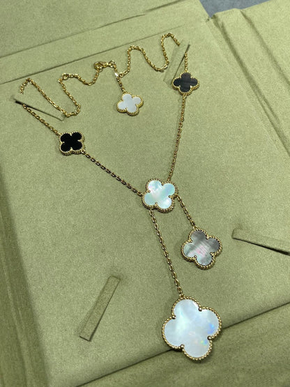 [Riva Jewelry ]CLOVER 6 MOTIF MOP ONYX GOLD NECKLACE