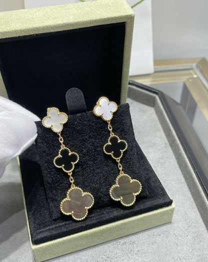 [Riva Jewelry ]CLOVER 3 MOTIF MOP ONYX DARK MOP PINK GOLD EARRINGS