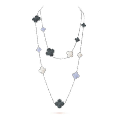 [Riva Jewelry ]CLOVER 16 MOTIF CHALCEDONY MOP SILVER NECKLACE
