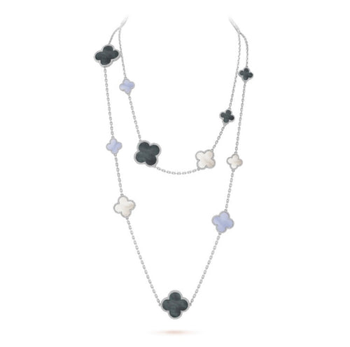 [Riva Jewelry ]CLOVER 16 MOTIF CHALCEDONY MOP SILVER NECKLACE