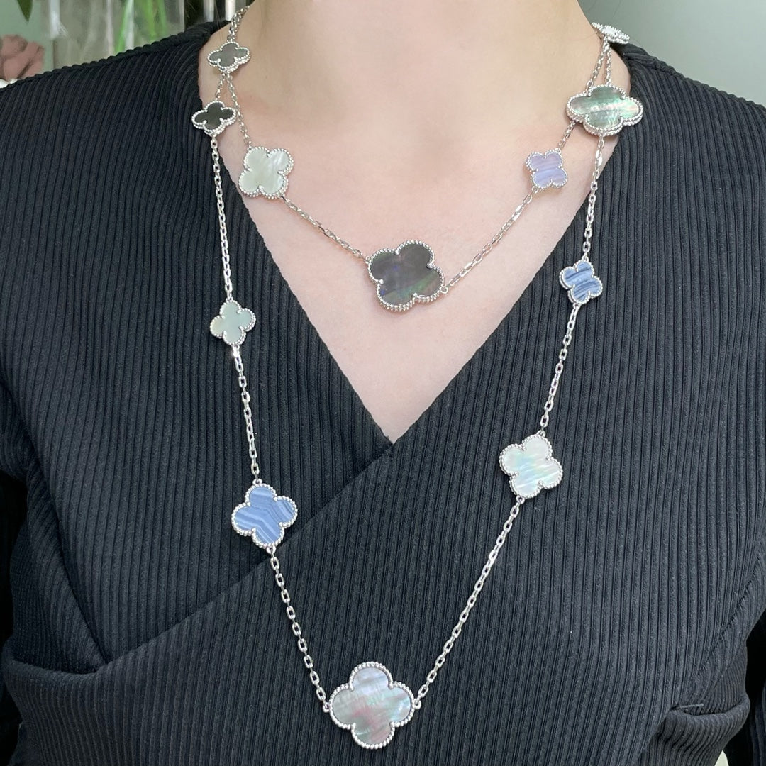 [Riva Jewelry ]CLOVER 16 MOTIF CHALCEDONY MOP SILVER NECKLACE