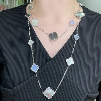 [Riva Jewelry ]CLOVER 16 MOTIF CHALCEDONY MOP SILVER NECKLACE