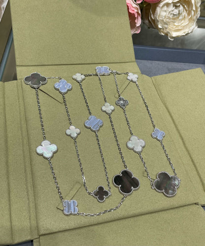 [Riva Jewelry ]CLOVER 16 MOTIF CHALCEDONY MOP SILVER NECKLACE