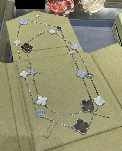[Riva Jewelry ]CLOVER 16 MOTIF CHALCEDONY MOP SILVER NECKLACE