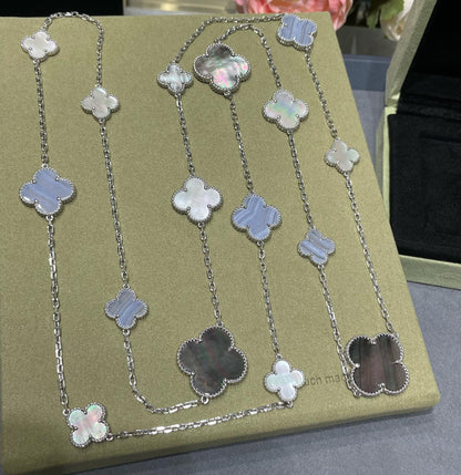 [Riva Jewelry ]CLOVER 16 MOTIF CHALCEDONY MOP SILVER NECKLACE