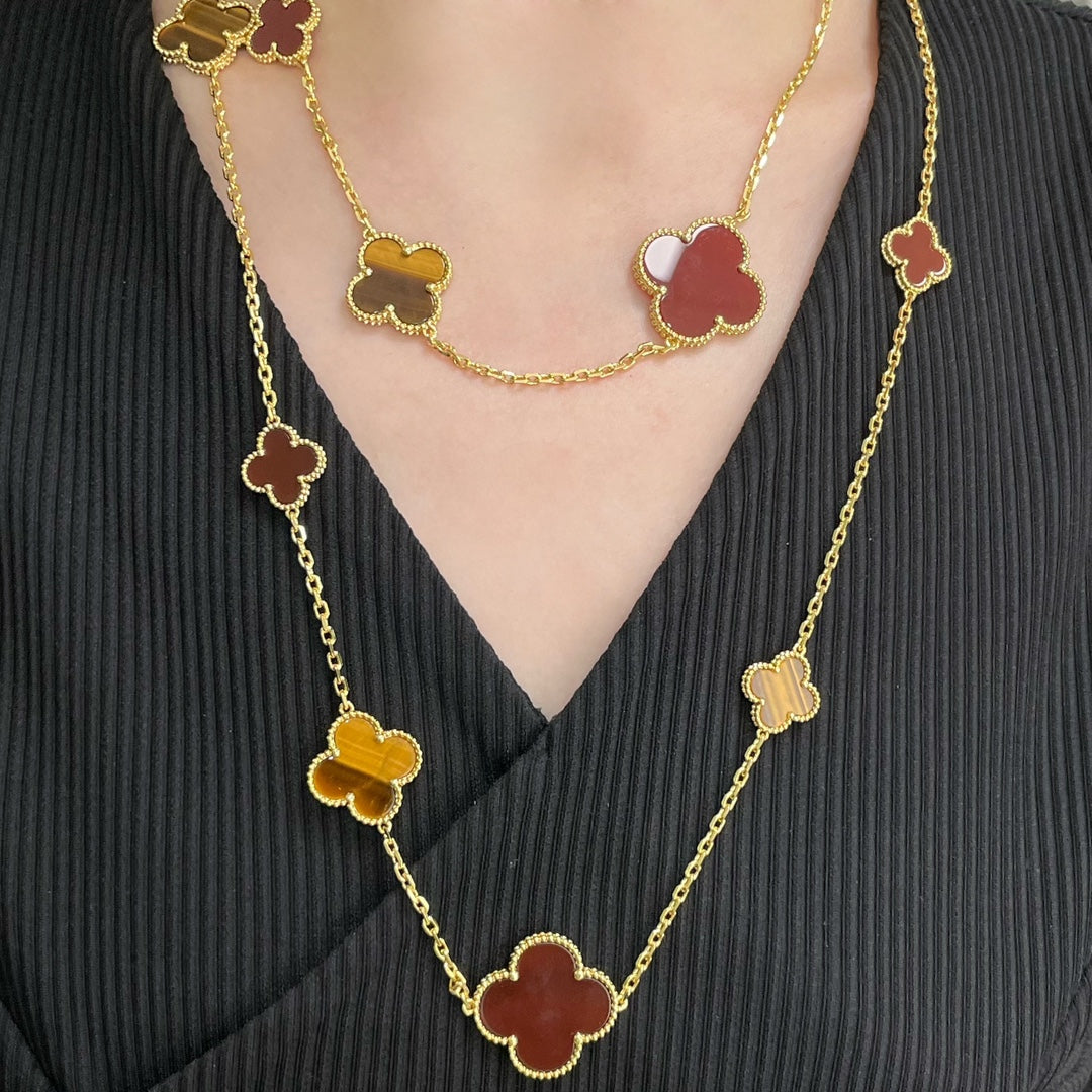 [Riva Jewelry ]CLOVER 16 MOTIF CARNELIAN TIGER EYE ROSE GOLD NECKLACE