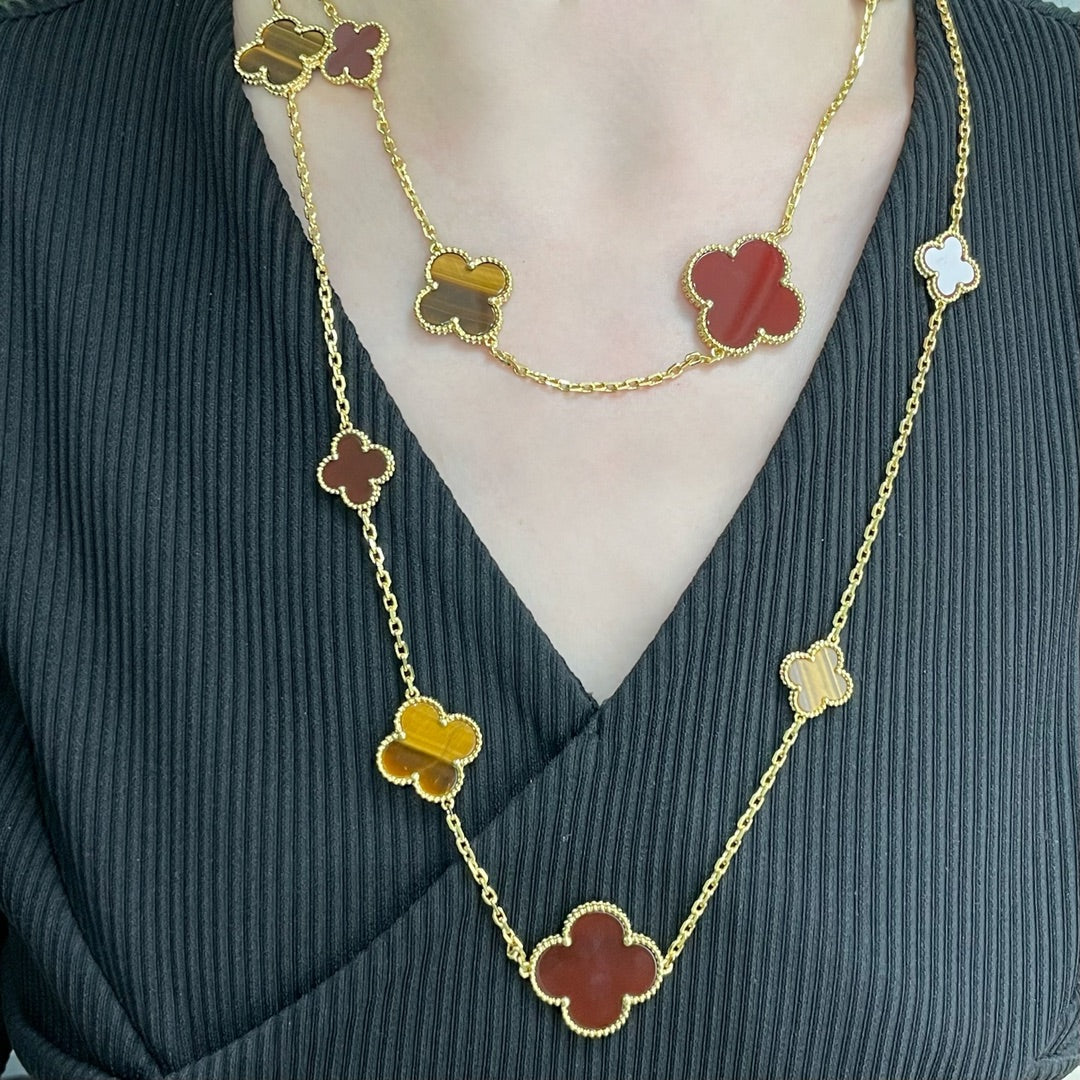 [Riva Jewelry ]CLOVER 16 MOTIF CARNELIAN TIGER EYE ROSE GOLD NECKLACE