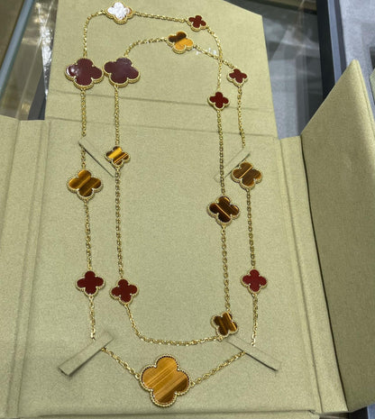 [Riva Jewelry ]CLOVER 16 MOTIF CARNELIAN TIGER EYE ROSE GOLD NECKLACE