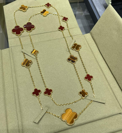[Riva Jewelry ]CLOVER 16 MOTIF CARNELIAN TIGER EYE ROSE GOLD NECKLACE