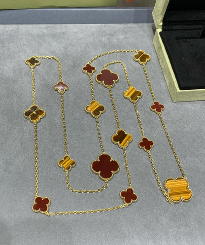 [Riva Jewelry ]CLOVER 16 MOTIF CARNELIAN TIGER EYE ROSE GOLD NECKLACE