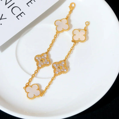 [Riva Jewelry]LUCKY CLOVER 5-MOTIF BRACELET - WHITE MOTHER-OF-PEARL COLLECTION