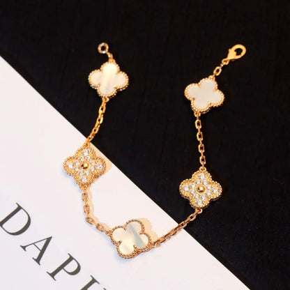 [Riva Jewelry]LUCKY CLOVER 5-MOTIF BRACELET - WHITE MOTHER-OF-PEARL COLLECTION