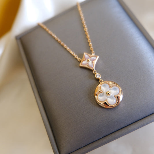 [Riva Jewelry]STERN UND SONNE WEISSES PERLMUTT 2 MOTIV ROSÉGOLD HALSKETTE