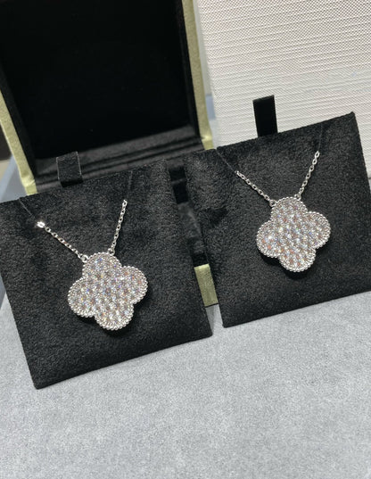 [Riva Jewelry ]CLOVER 25MM LARGE PENDANT DIAMOND PAVED SILVER NECKLACE