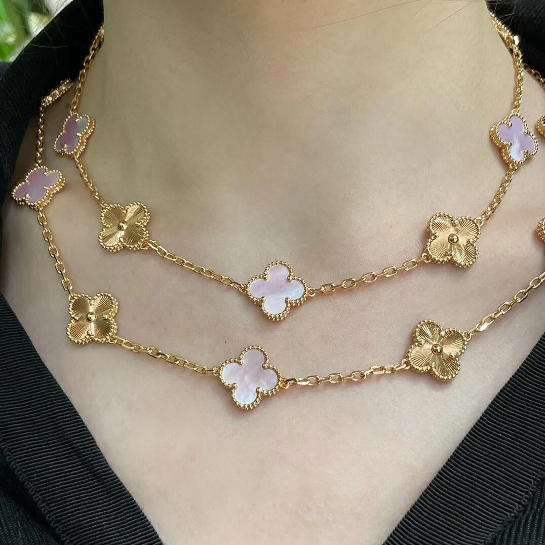 [Riva Jewelry ]CLOVER 20 MOTIFS LASER PINK MOP NECKLACE