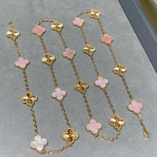 [Riva Jewelry ]CLOVER 20 MOTIFS LASER PINK MOP NECKLACE