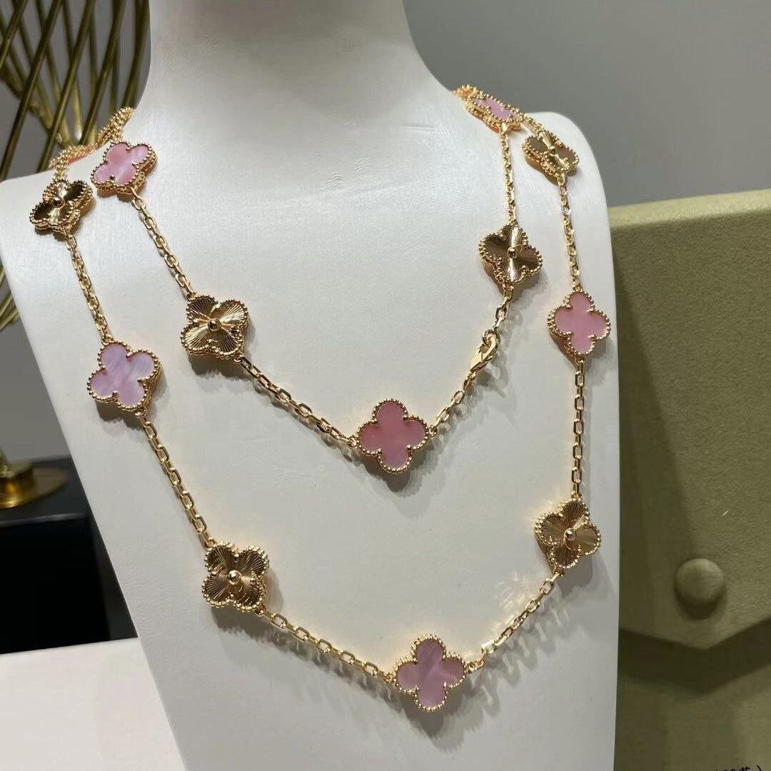 [Riva Jewelry ]CLOVER 20 MOTIFS LASER PINK MOP NECKLACE