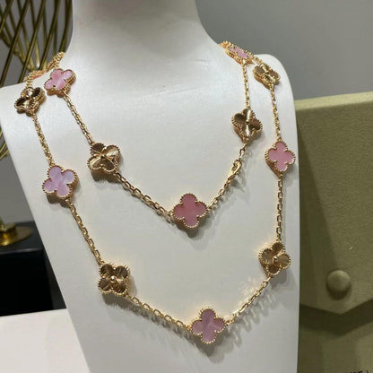 [Riva Jewelry ]CLOVER 20 MOTIFS LASER PINK MOP NECKLACE
