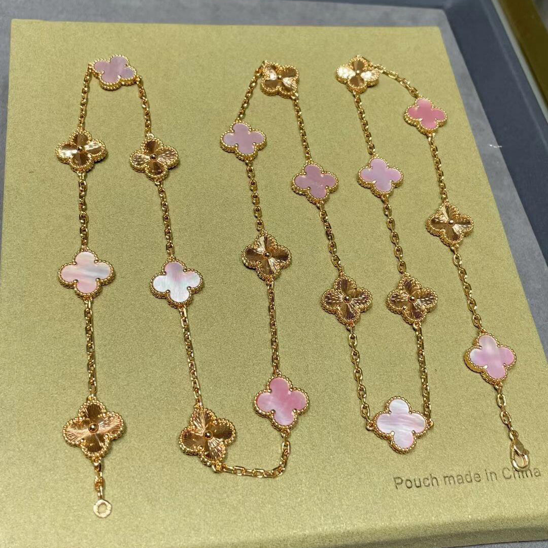 [Riva Jewelry ]CLOVER 20 MOTIFS LASER PINK MOP NECKLACE