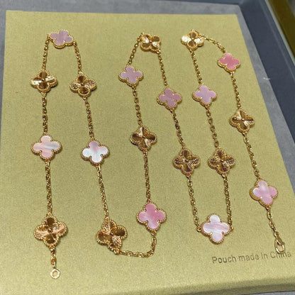 [Riva Jewelry ]CLOVER 20 MOTIFS LASER PINK MOP NECKLACE