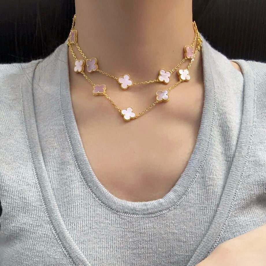 [Riva Jewelry ]CLOVER 20 MOTIFS PINK MOP NECKLACE