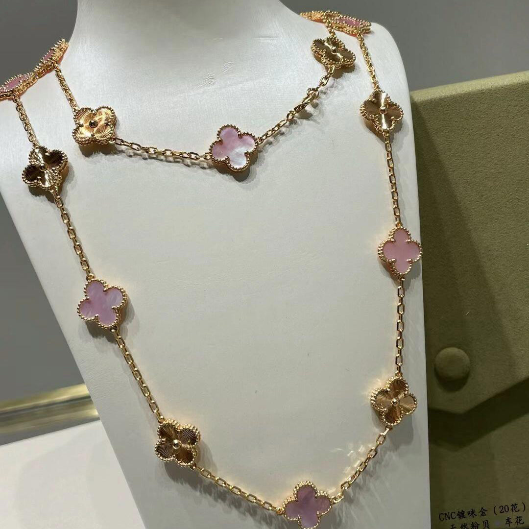 [Riva Jewelry ]CLOVER 20 MOTIFS LASER PINK MOP NECKLACE