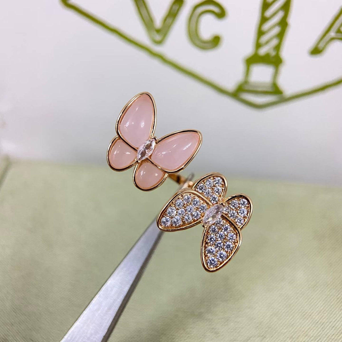 [Riva Jewelry]TWIN BUTTERFLY NEW DIAMOND & PINK BUTTERFLY RING