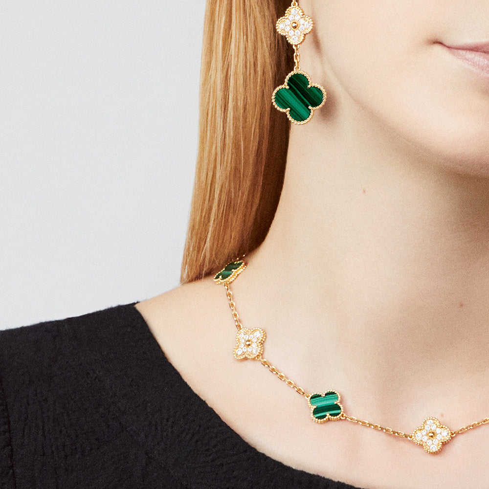 [Riva Jewelry ]CLOVER 10 MOTIFS MALACHITE DIAMOND NECKLACE