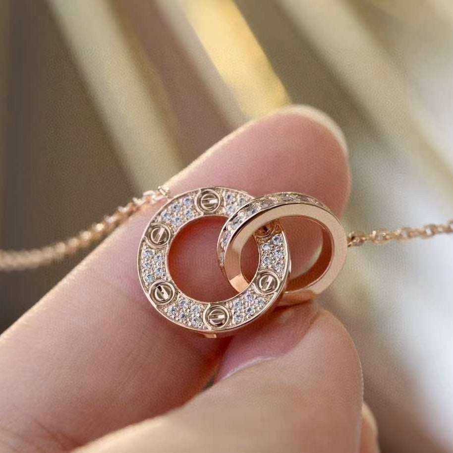 [Riva Jewelry ]LOVE 7.6MM NECKLACE ROSE GOLD AND SILVER  FULL DIAMOND