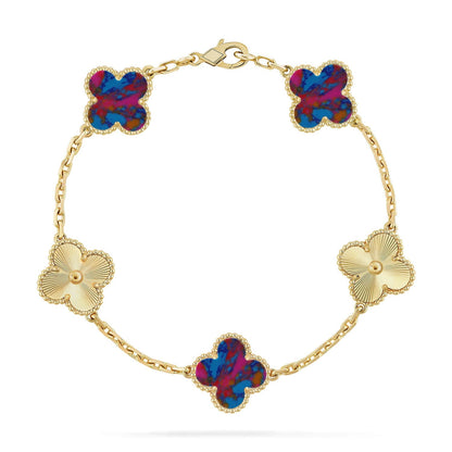 [Riva Schmuck]VIERBLÄTTRIGES GLÜCKSSYMBL 5-MOTIV-ARMBAND – MULTI-EDELSTEIN-KOLLEKTION