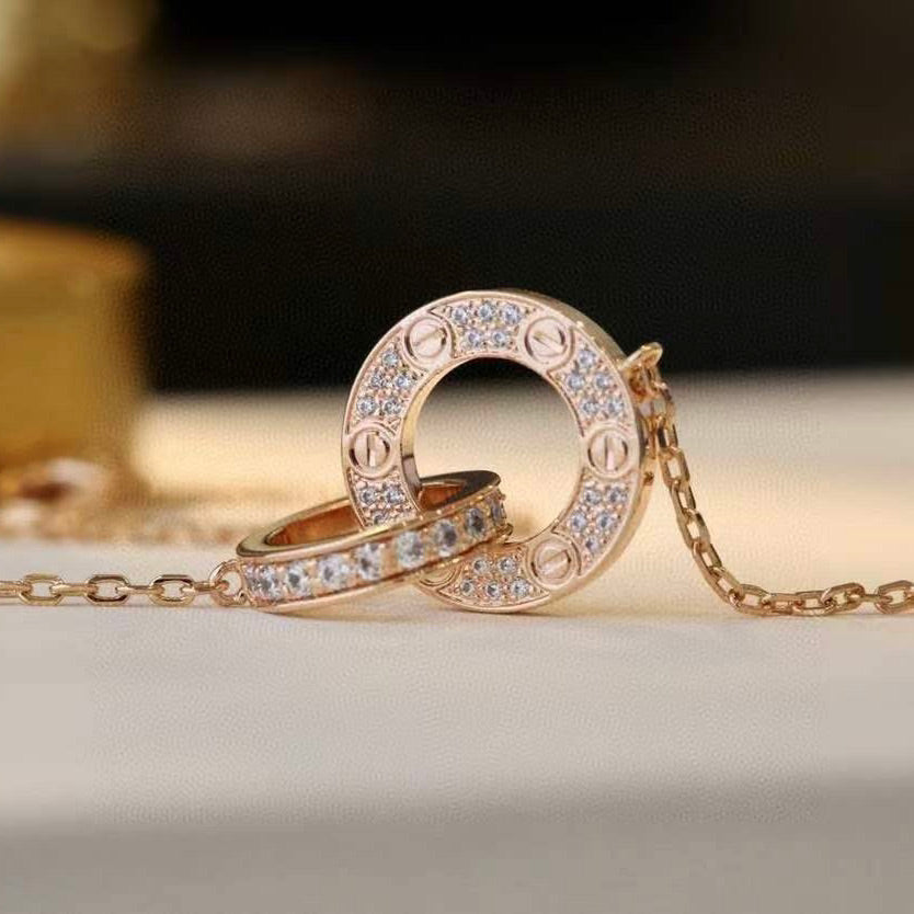 [Riva Jewelry ]LOVE 7.6MM NECKLACE ROSE GOLD AND SILVER  FULL DIAMOND