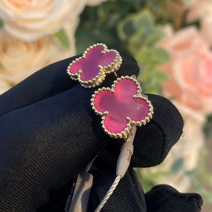 [Riva  Jewelry]NEW CLOVER 15MM PINK ENAMEL STUD EARRINGS
