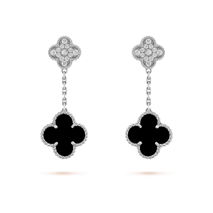[Riva Jewelry ]CLOVER 2 MOTIFS  DIAMOND ONYX EARRINGS SILVER