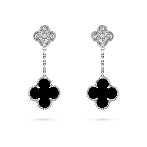 [Riva Jewelry ]CLOVER 2 MOTIFS  DIAMOND ONYX EARRINGS SILVER