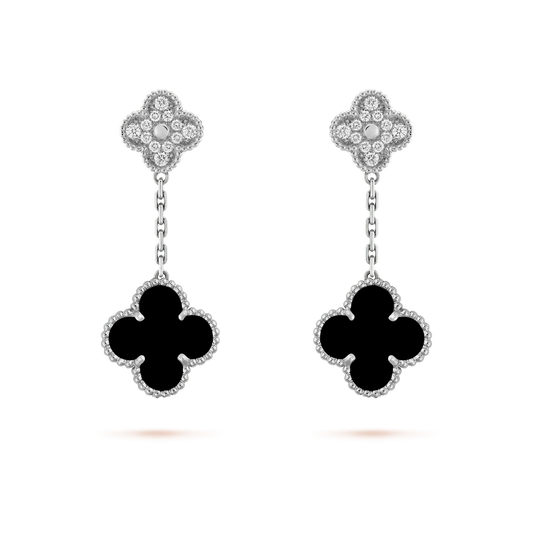 [Riva Jewelry ]CLOVER 2 MOTIFS  DIAMOND ONYX EARRINGS SILVER