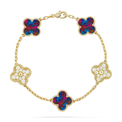 [Riva Schmuck]VIERBLÄTTRIGES GLÜCKSSYMBL 5-MOTIV-ARMBAND – MULTI-EDELSTEIN-KOLLEKTION