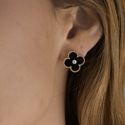[Riva Jewelry ]CLOVER MEDIUM 1 MOTIFS ONYX DIAMOND EARRINGS