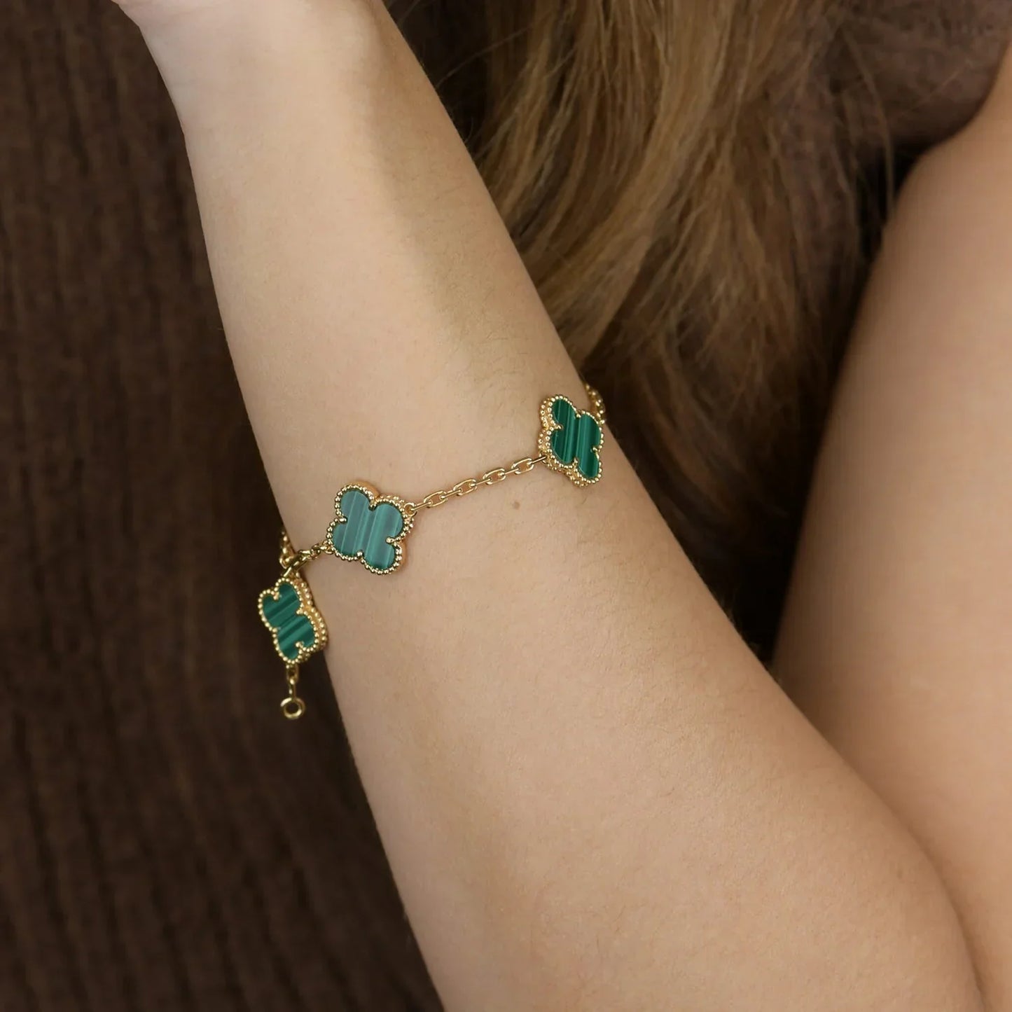 [Riva Jewelry]ラッキー クローバー 5モチーフ ブレスレット - マラカイト コレクション