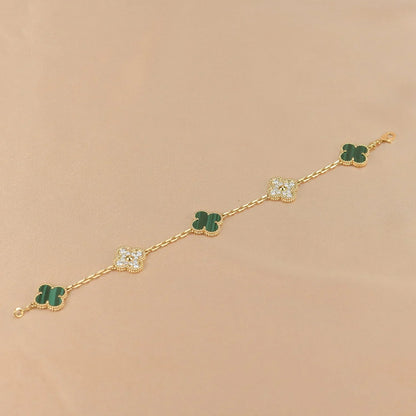 [Riva Jewelry]ラッキー クローバー 5モチーフ ブレスレット - マラカイト コレクション