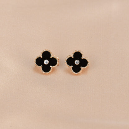 [Riva Jewelry ]CLOVER MEDIUM 1 MOTIFS ONYX DIAMOND EARRINGS