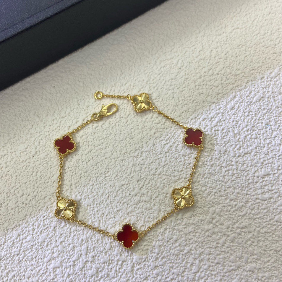 [Riva Jewelry ]CLOVER 6 MOTIF RED AGATE LASER BRACELET